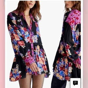 Brand NWOT Free People Brunch A Bunch tunic shirt, flowery long sleeves size L